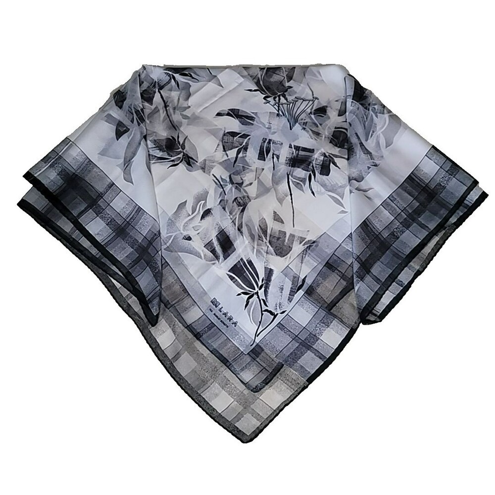 Manilo Bonetti Square‎ Scarf Black White Floral Plaid Sheer Polyester Signed